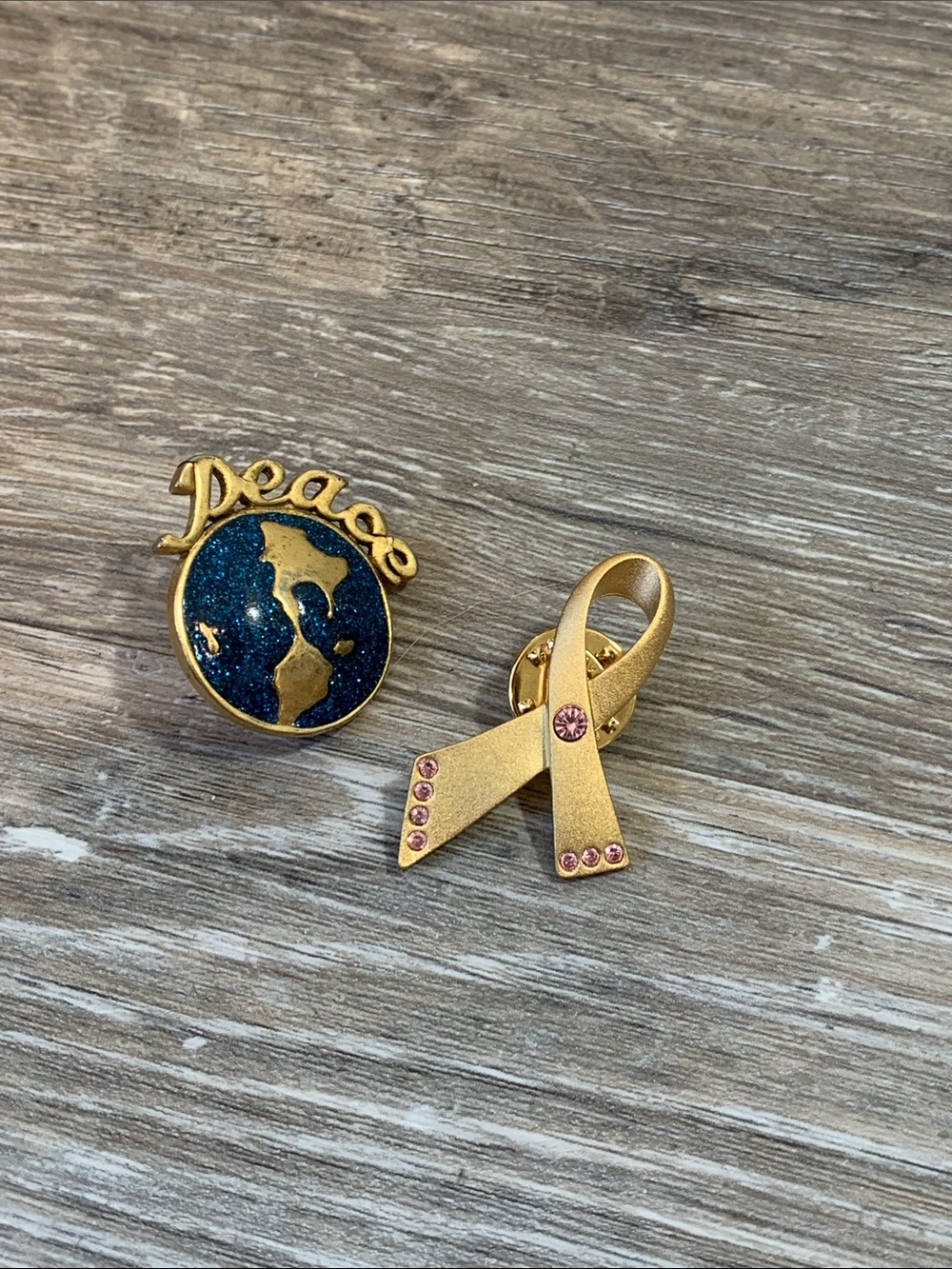 Avon Gold Tone Peace Globe and Pink Ribbon Pin Duo